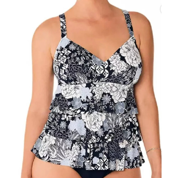 Swim Solutions Womens Blue Printed Tiered Fauxkini One Piece Swimsuit sz 10 NWT - Picture 1 of 5
